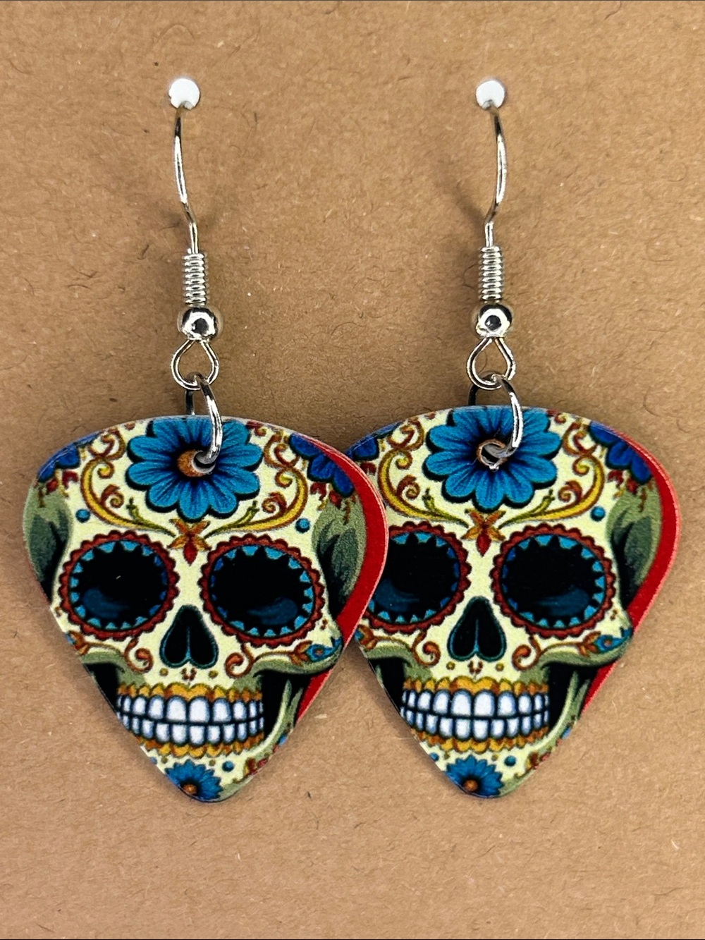Sugar Skull Floral Custom Guitar Pick Earrings Fashion Jewelry